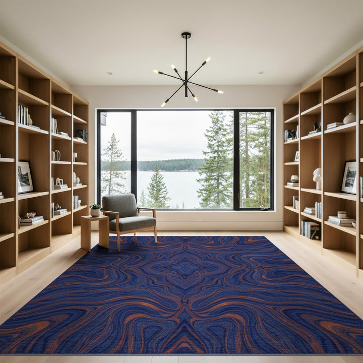 Navy Blue Copper Swirl Abstract Area Rug