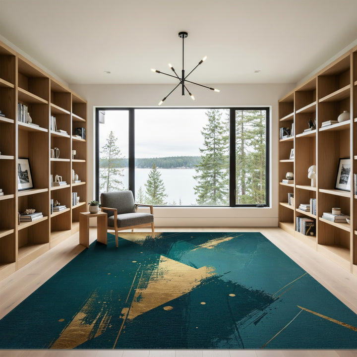 Blue and Teal Gold Abstract Area Rug