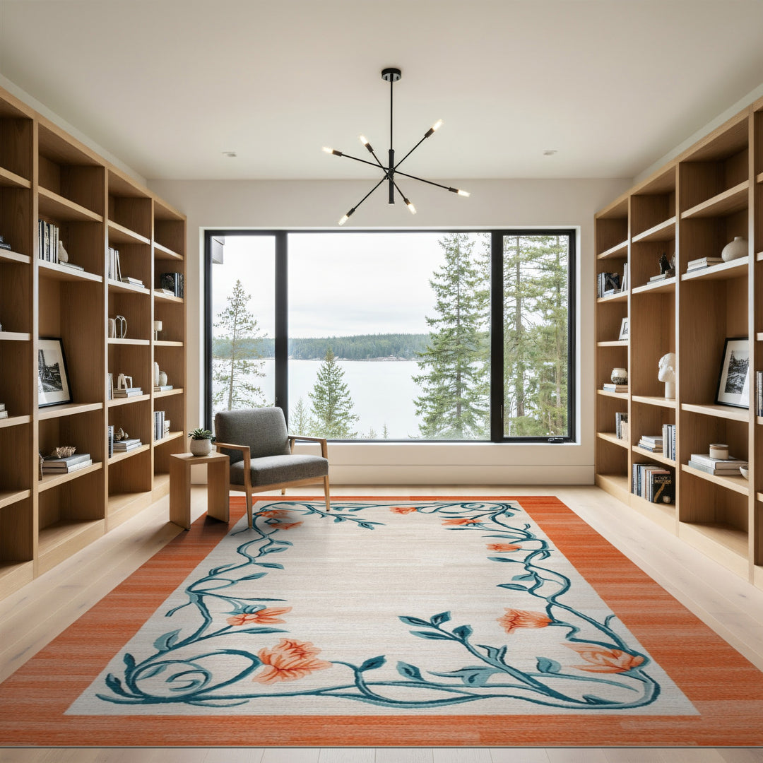 Beige Floral Vine Area Rug with Teal Border