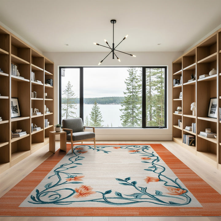 Beige Floral Vine Area Rug with Teal Border