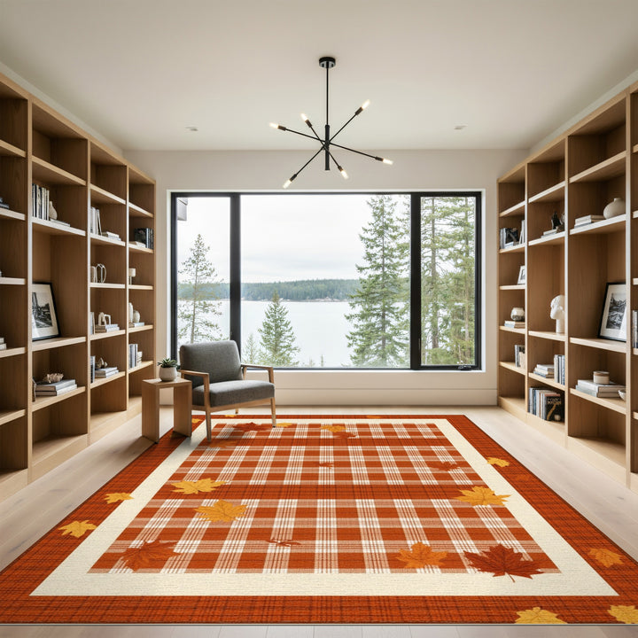 Orange Plaid Maple Leaf Area Rug