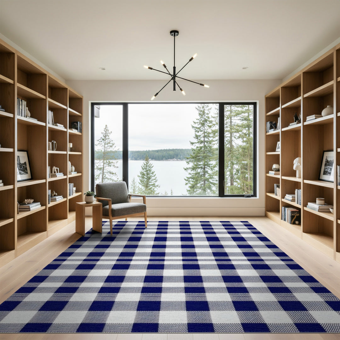 Navy Blue Checkered Washable Blue and Teal Area Rug