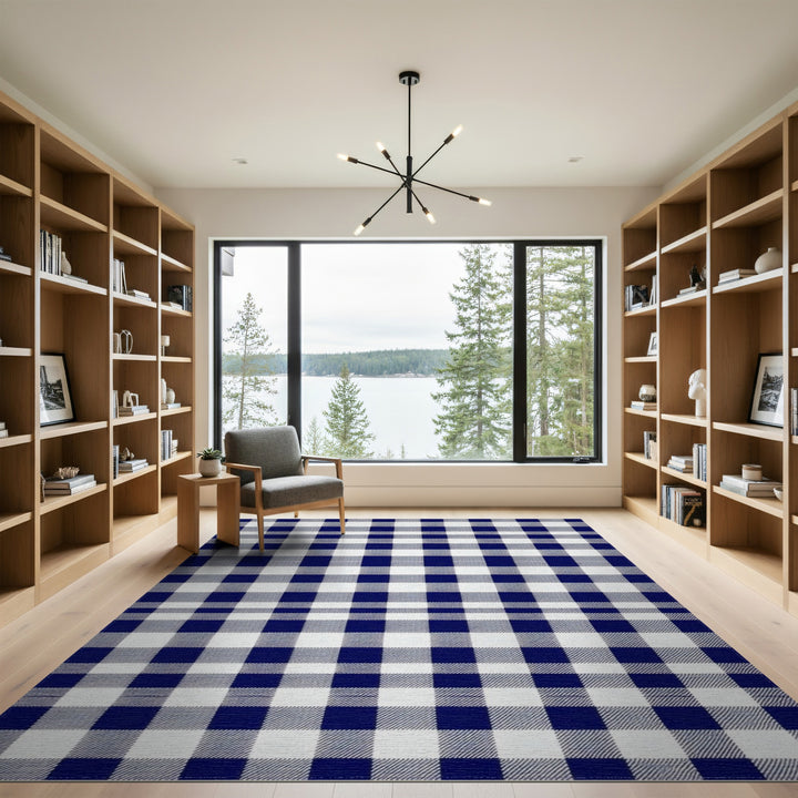 Navy Blue Checkered Washable Blue and Teal Area Rug