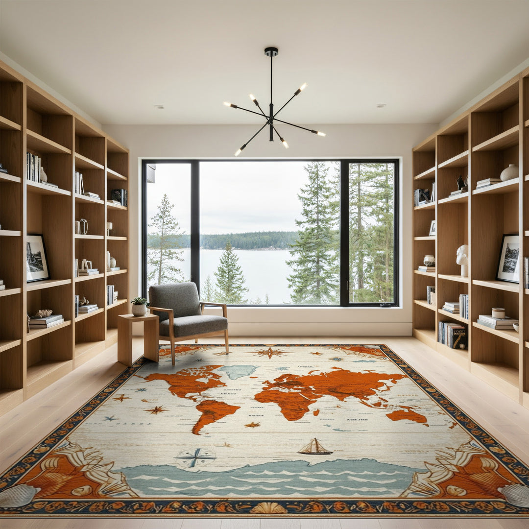 Vintage Orange World Map Area Rug