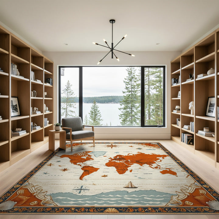 Vintage Orange World Map Area Rug