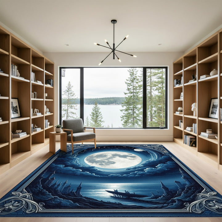 Blue Moonlit Coastal Ruins Area Rug