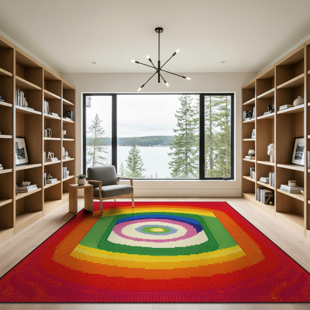 Vibrant Rainbow Concentric Square Area Rug