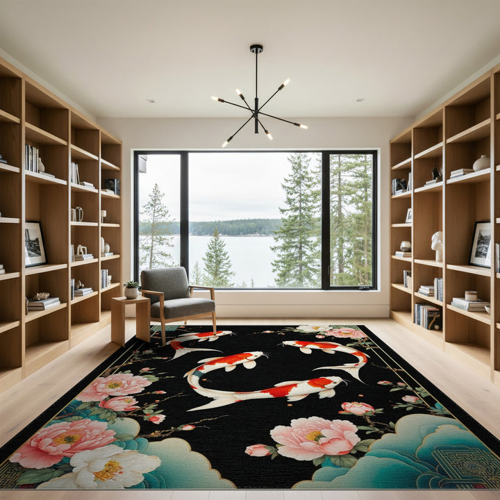 Koi Fish Peony Black Area Rug