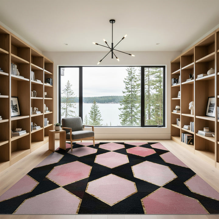 Pink Geometric Diamond Area Rug with Gold Accents