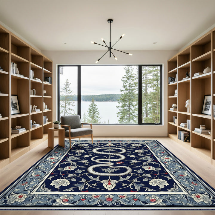 White Serpent Floral Navy Area Rug