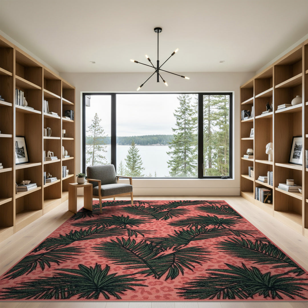 Pink Palm Leaf Leopard Area Rug