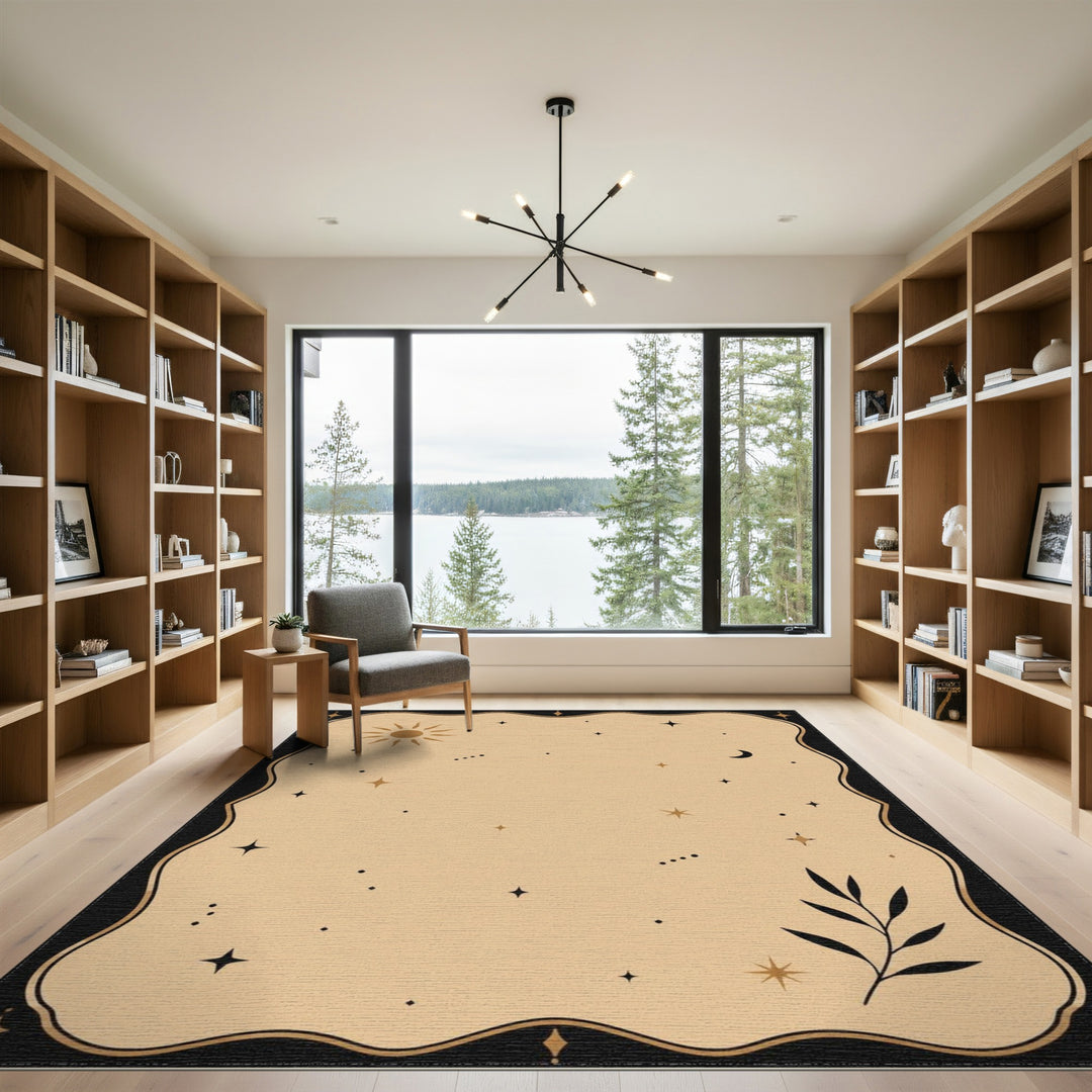 Celestial Beige Boho Area Rug with Sun Moon Stars