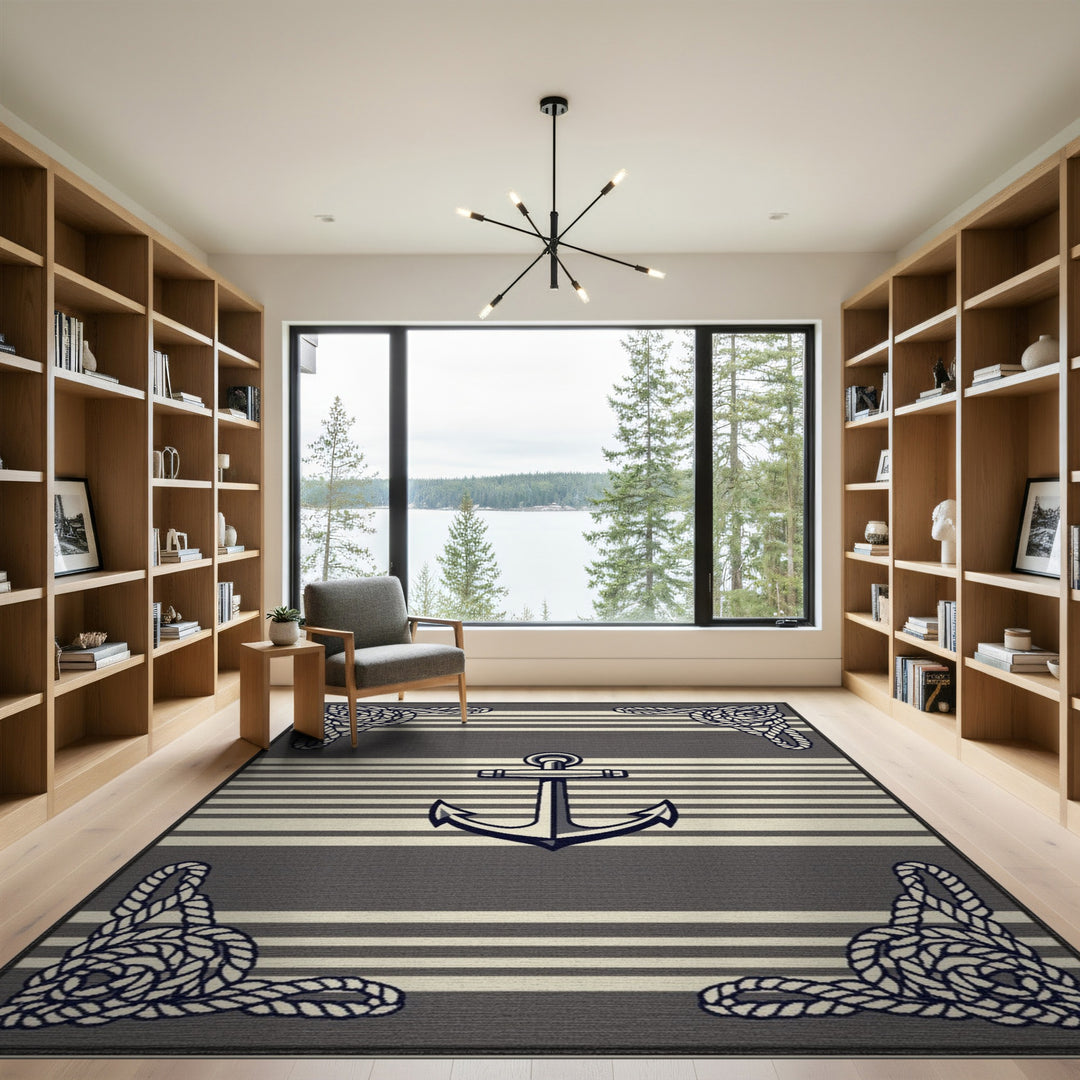 Grey Striped Nautical Anchor Area Rug