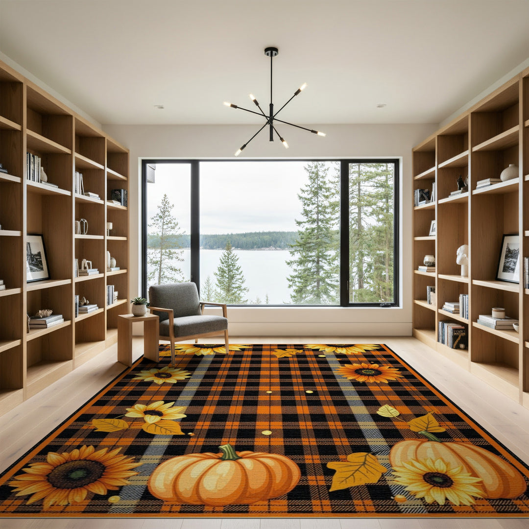 Orange Plaid Sunflower Pumpkin Area Rug