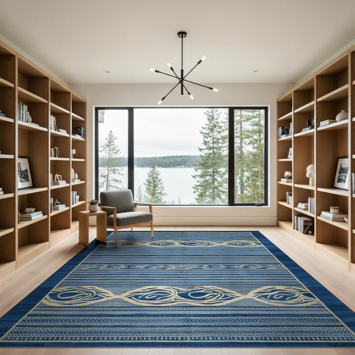 Navy Blue Coastal Wave Stripe Rug
