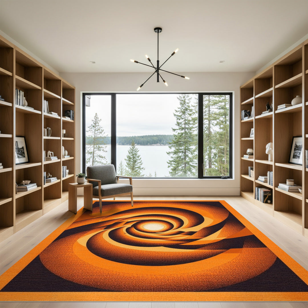 Geometric Modern Orange Vortex Swirl Area Rug