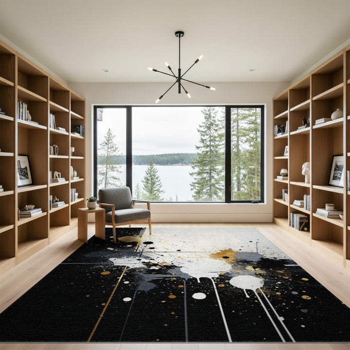 Black Gold Abstract Splatter Area Rug