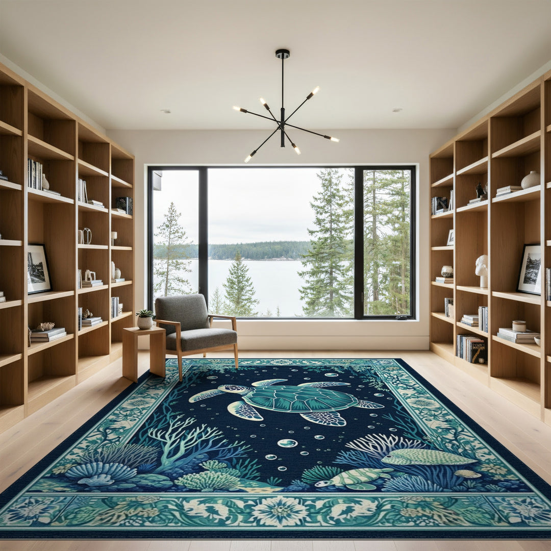 Blue Teal Sea Turtle Coastal Area Rug