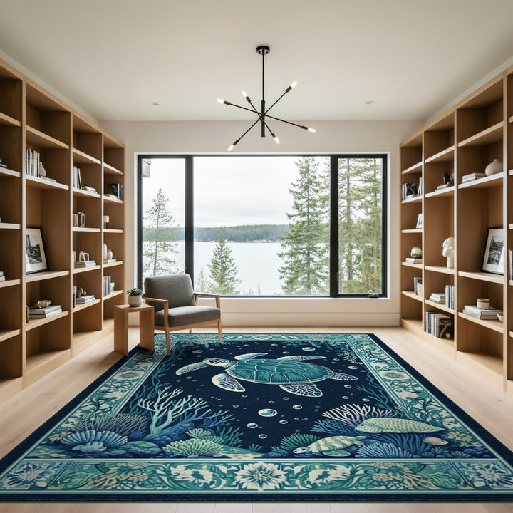 Blue Teal Sea Turtle Coastal Area Rug