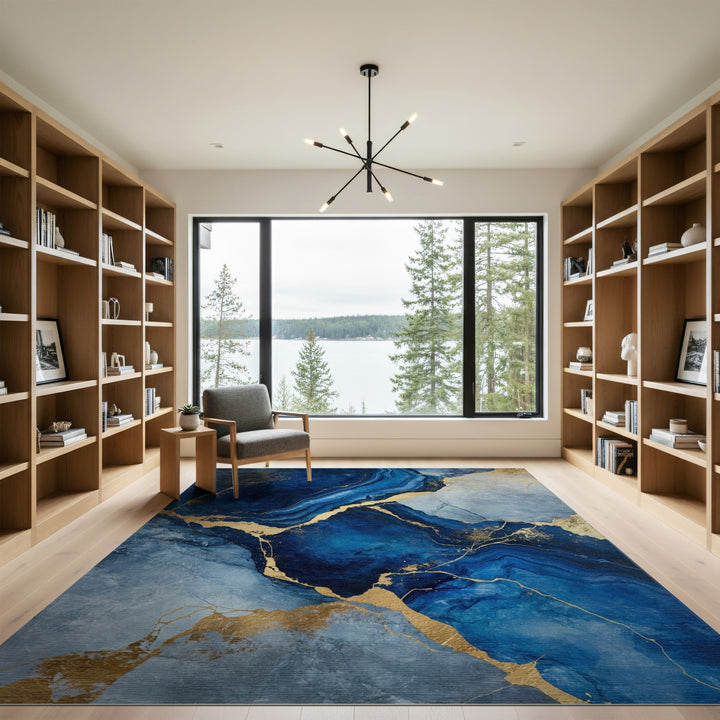 Blue Gold Abstract Marble Area Rug
