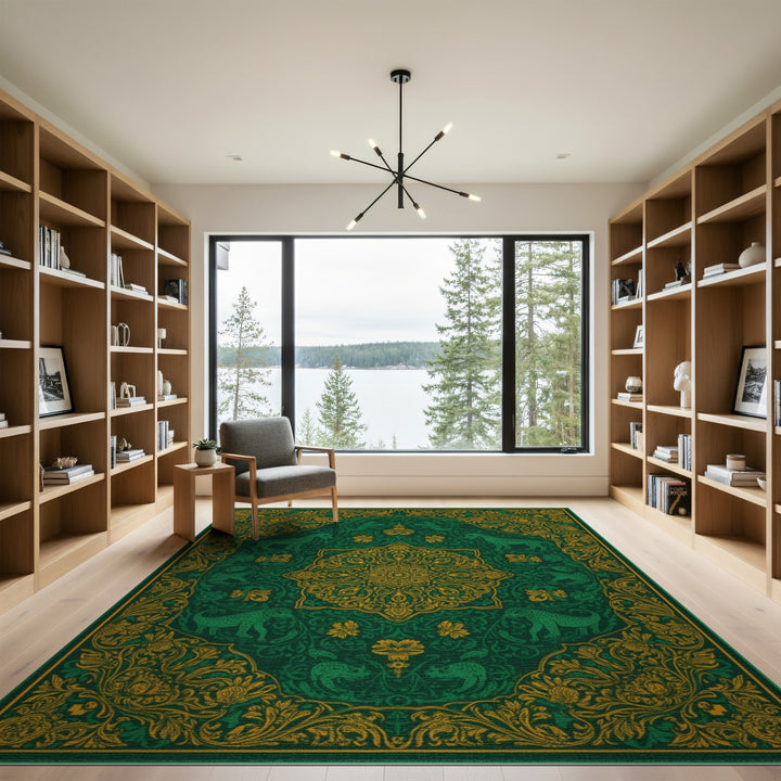 Green Gold Leopard Medallion Area Rug