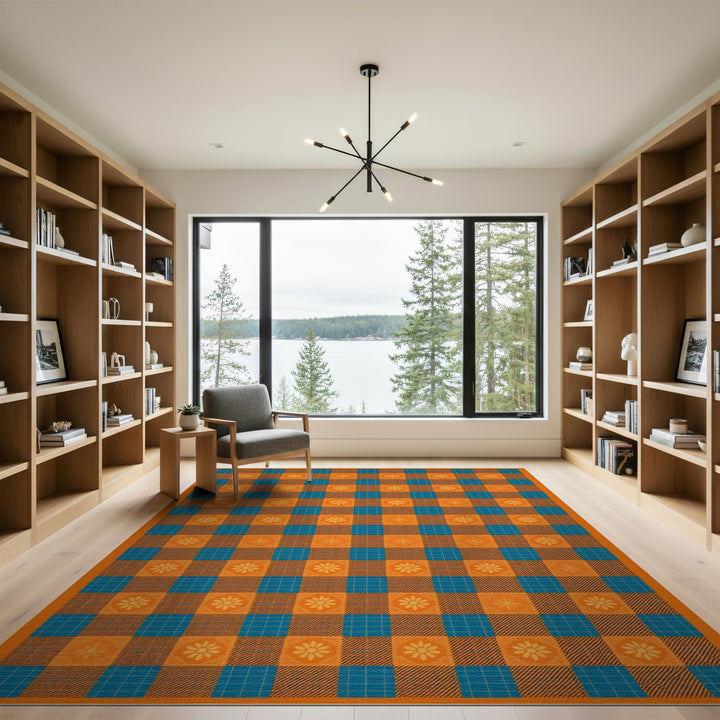 ODIKA Orange Checkered Floral Area Rug