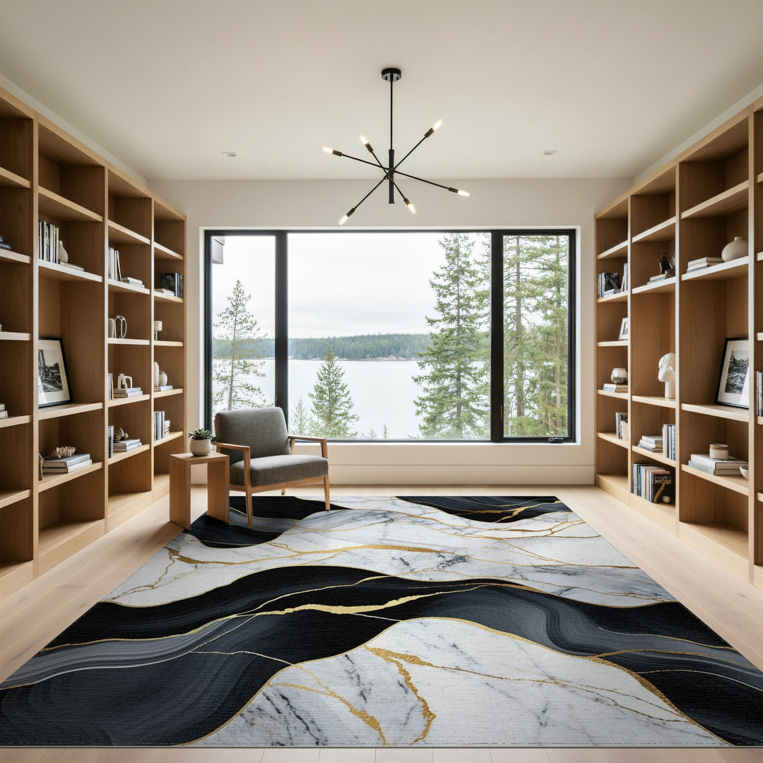 Black White Marble Gold Vein Abstract Area Rug