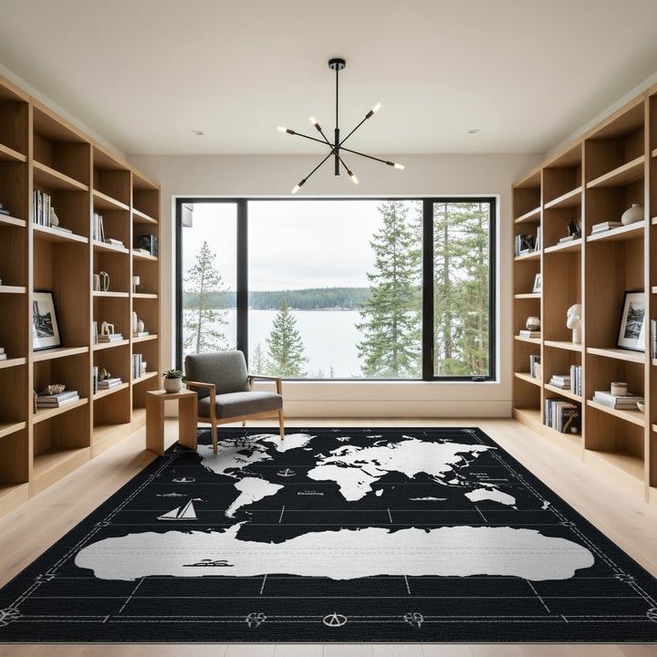 Black White World Map Nautical Area Rug