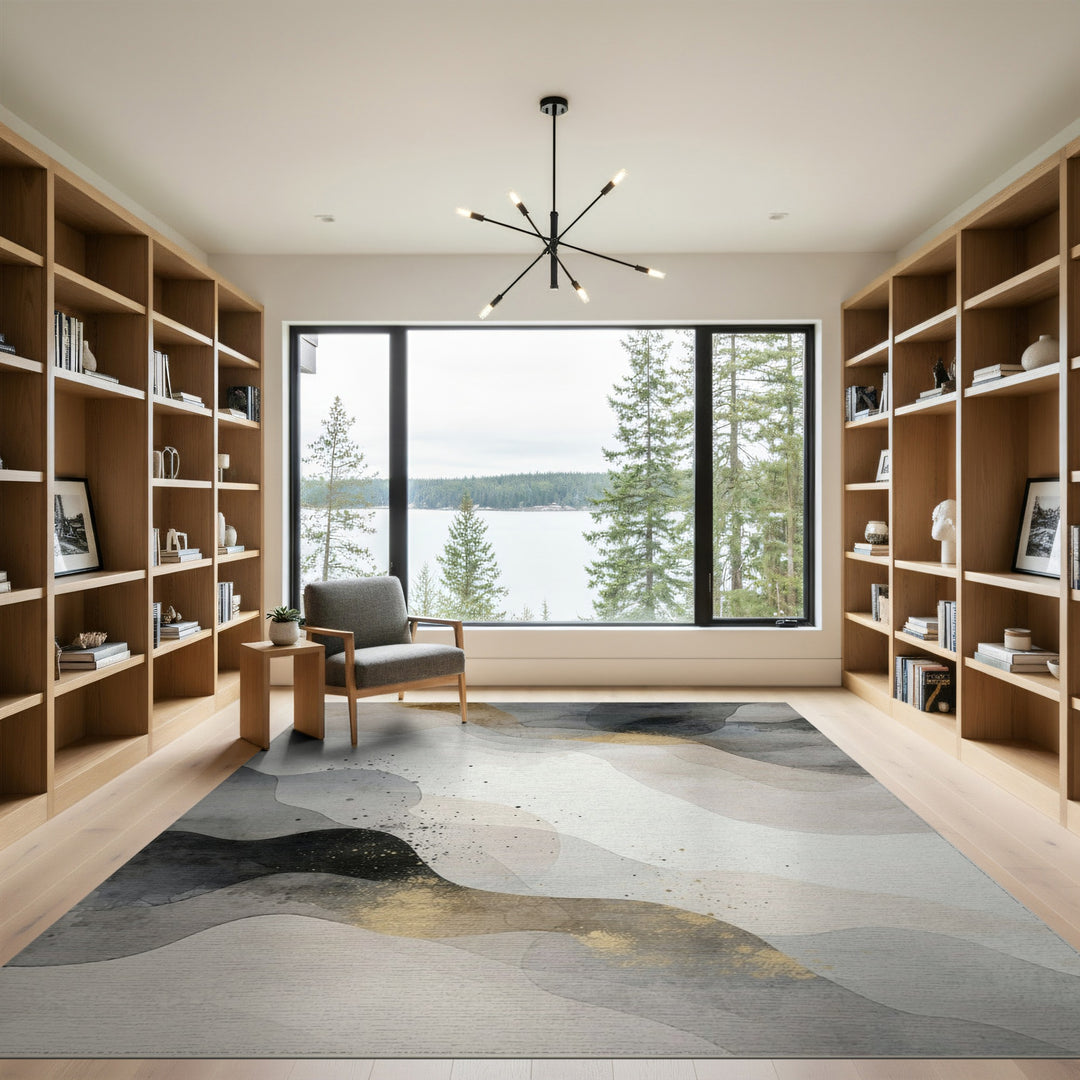 Grey Abstract Flow Area Rug with Gold Accents