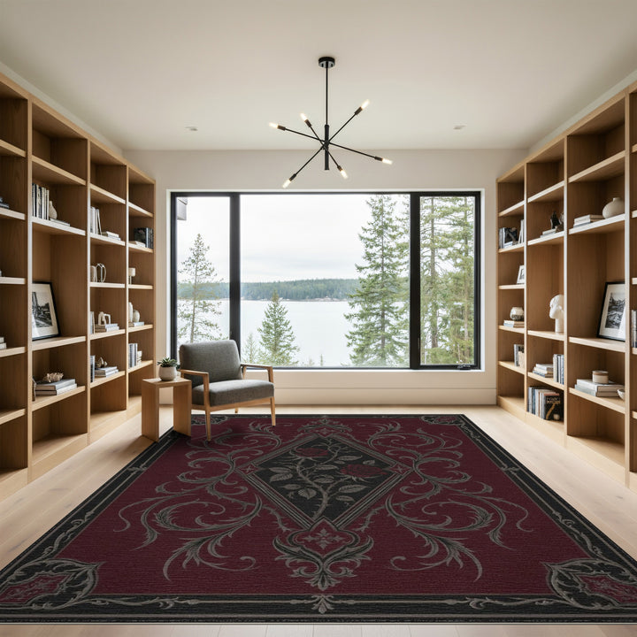 Red Floral Vintage Area Rug with Silver Roses
