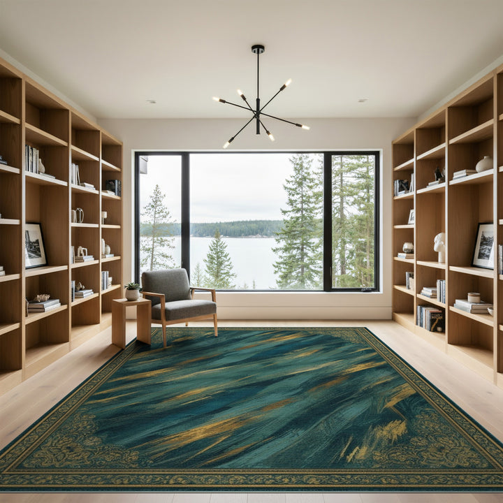 Teal Gold Abstract Brushstroke Area Rug