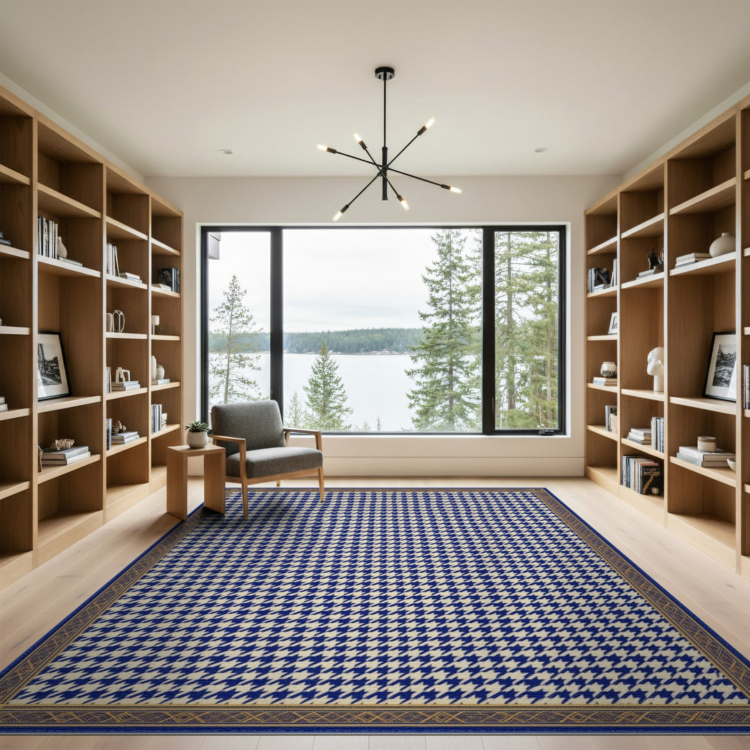 Navy Blue Houndstooth Bordered Area Rug