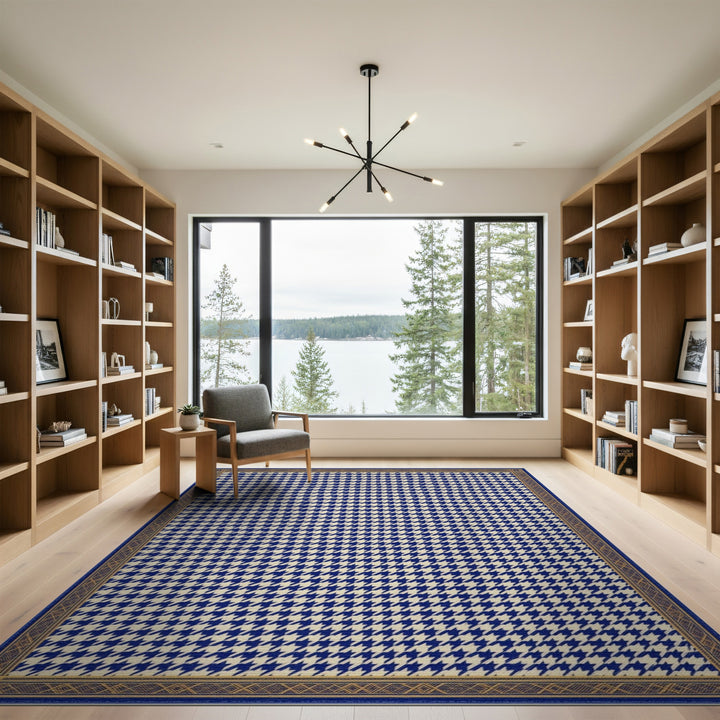 Navy Blue Houndstooth Bordered Area Rug