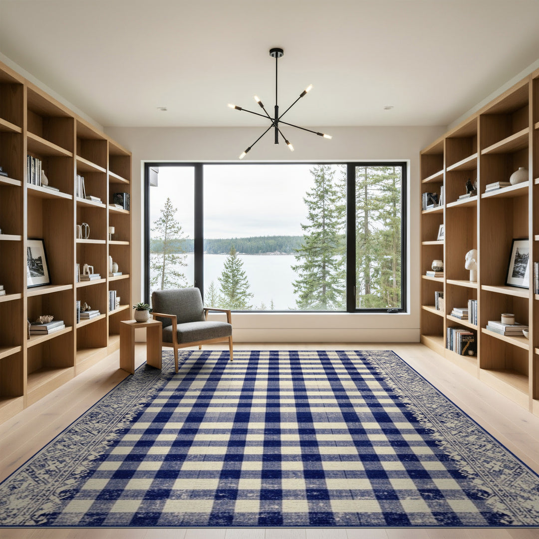 Navy Blue Checkered Vintage Area Rug