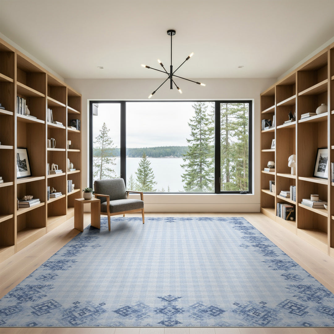 Blue Gingham Tribal Border Area Rug