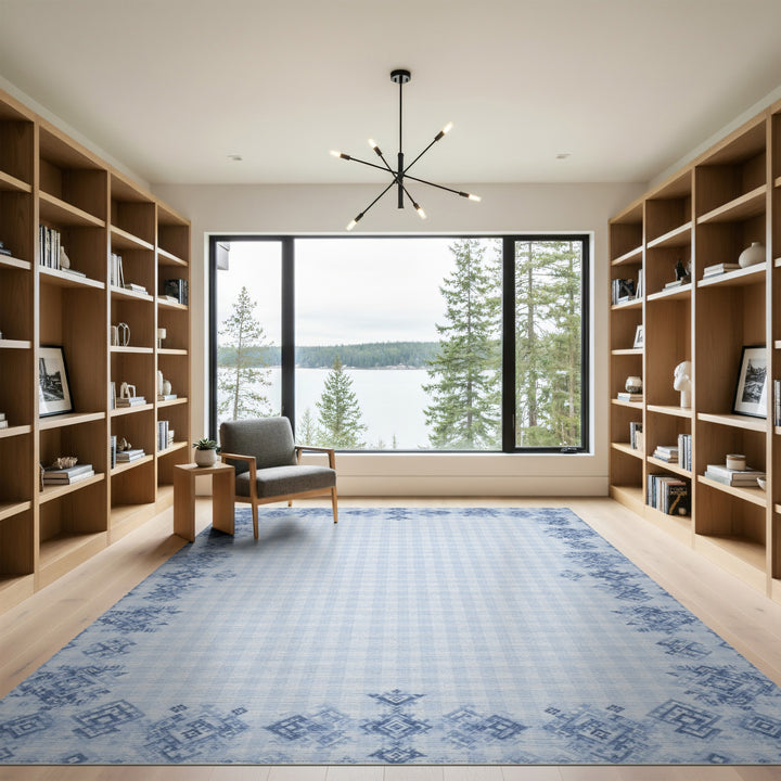 Blue Gingham Tribal Border Area Rug