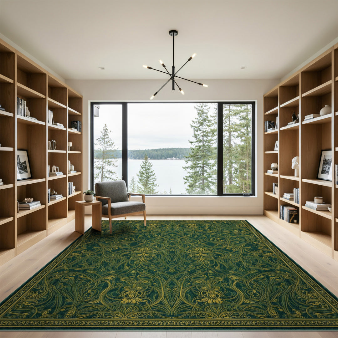 Green Ornate Green Gold Floral Vintage Area Rug