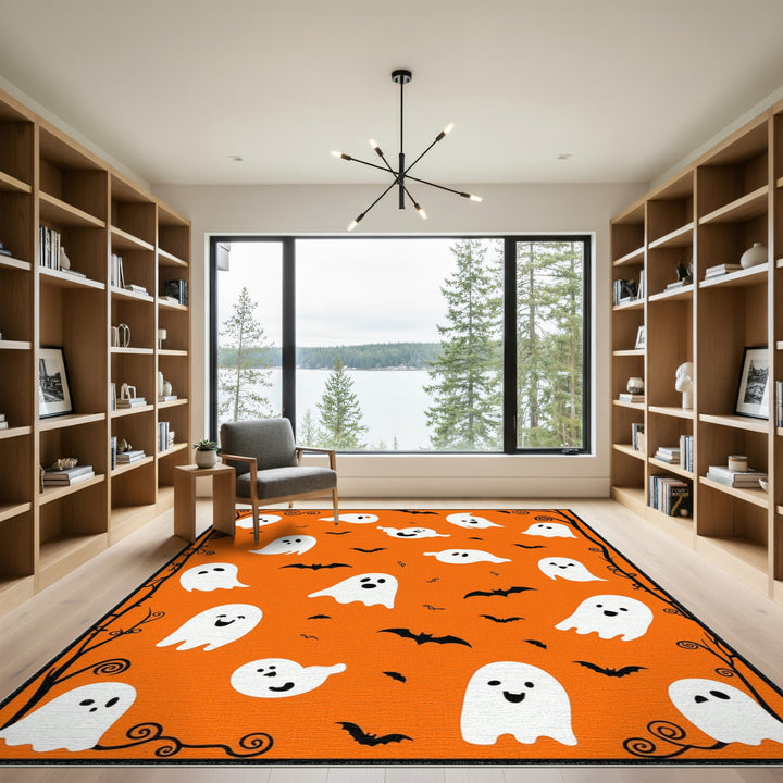 Ghosts and Bats Orange Halloween Kids Area Rug