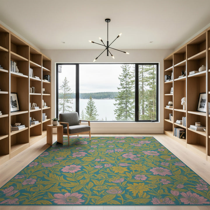 Teal Vintage Floral Washable Area Rug