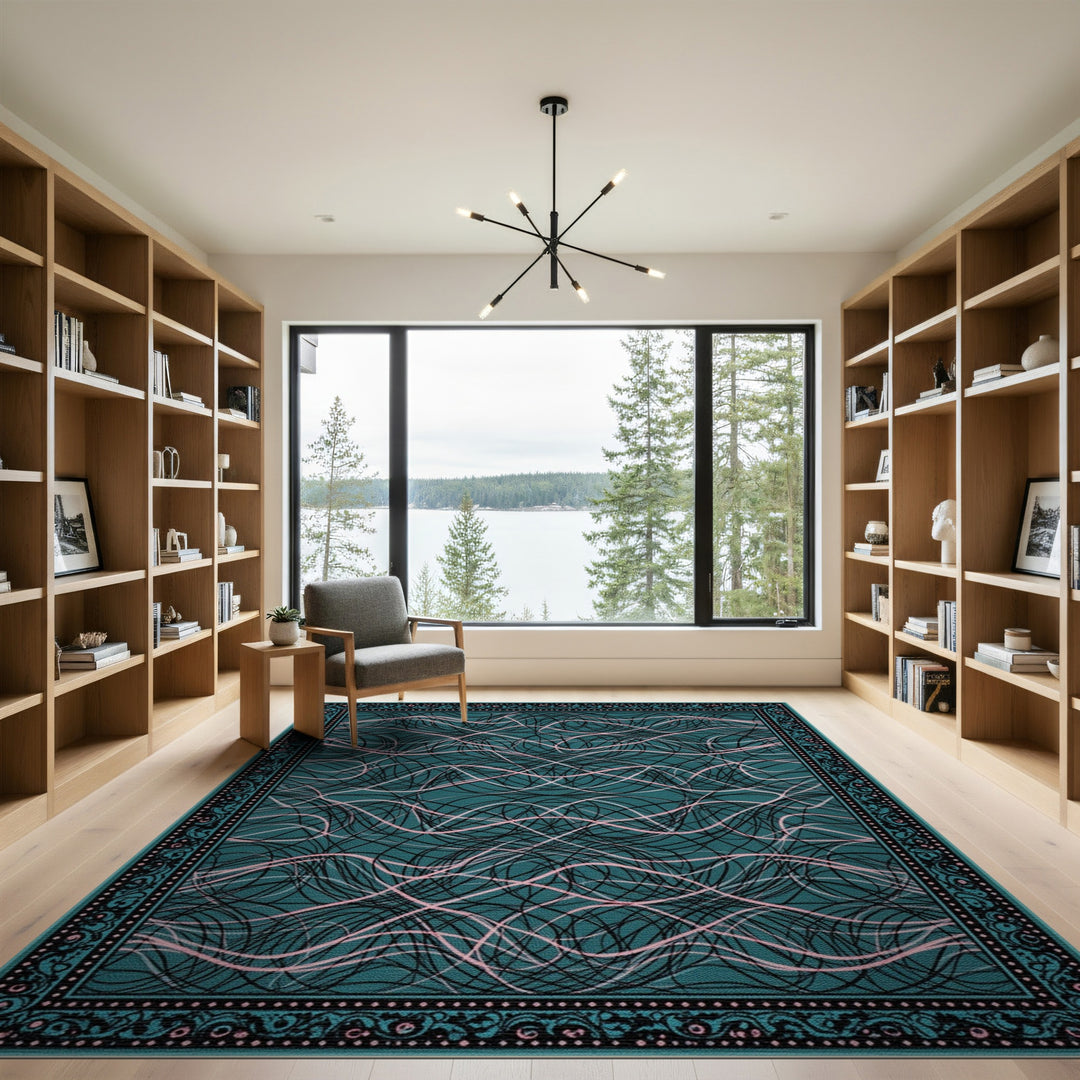 Pink Wave Scribble Teal Area Rug