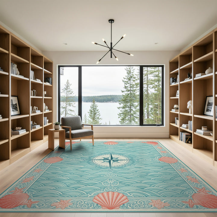 Coastal Compass Wave Teal Area Rug