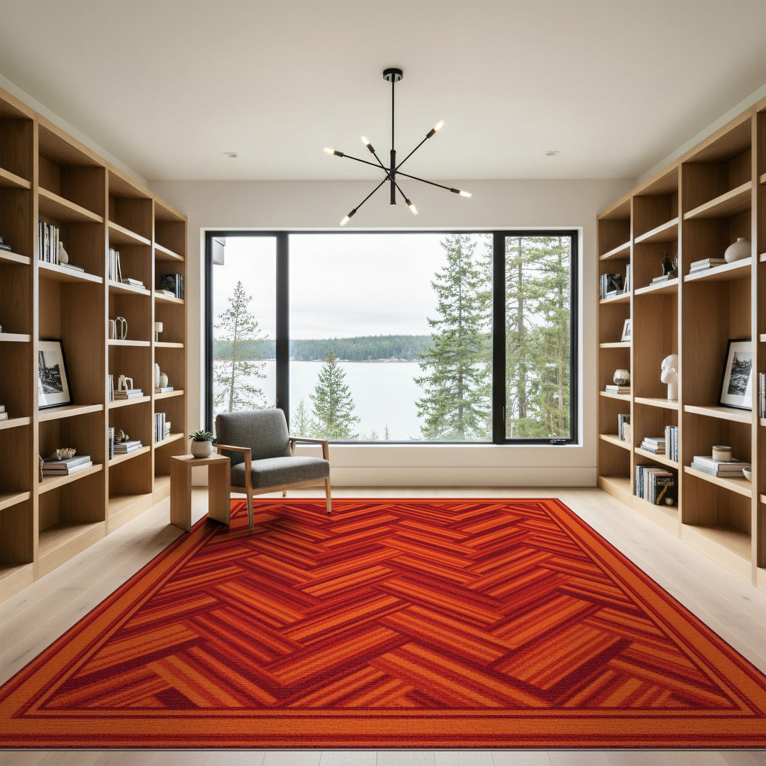 Red Herringbone Geometric Area Rug