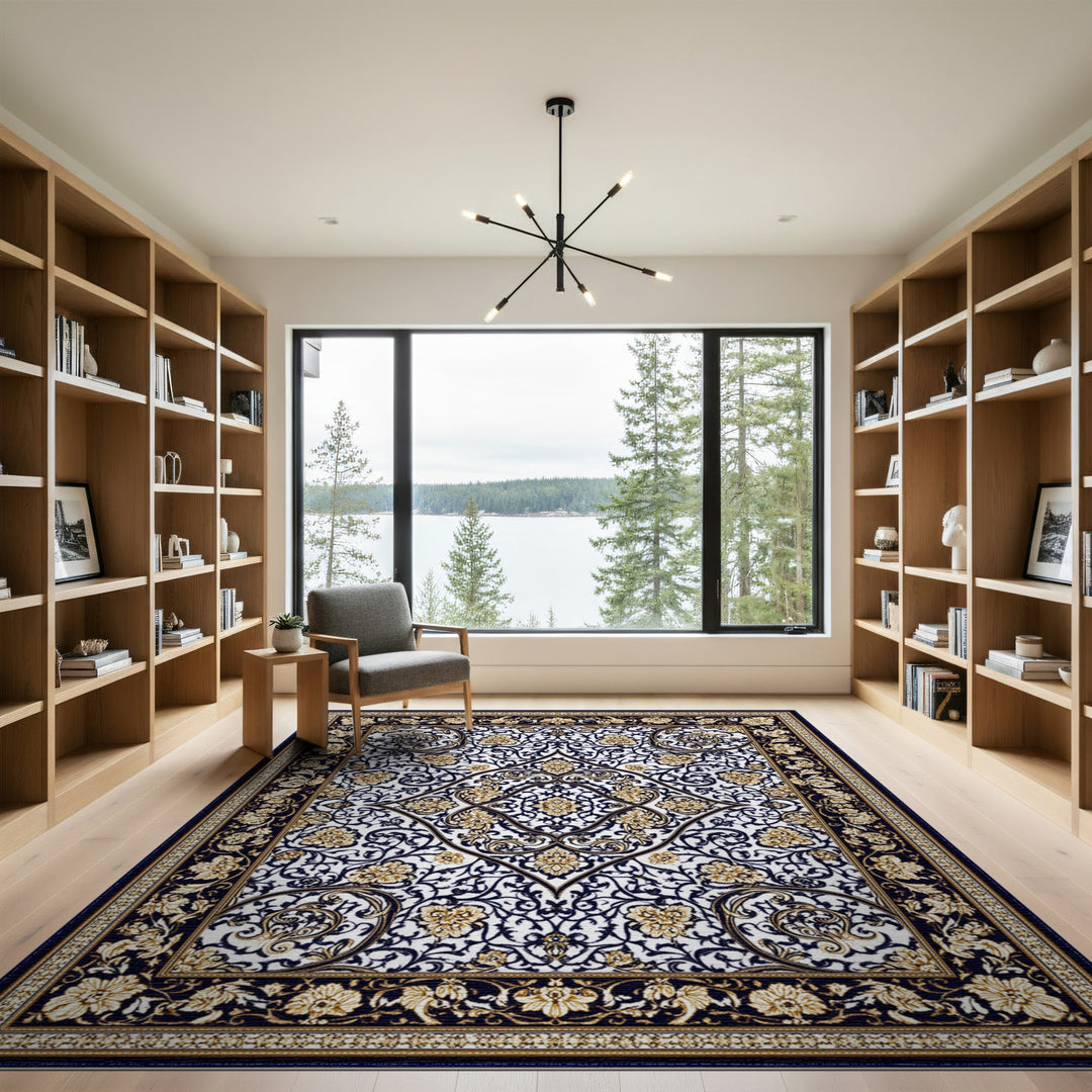 Black Gold Persian Floral Medallion Rug