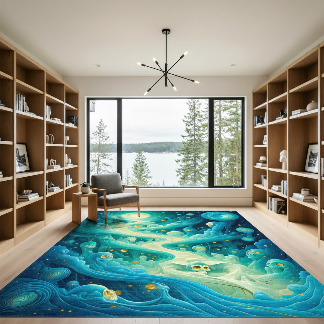 Mystic Skull Wave Blue Teal Area Rug