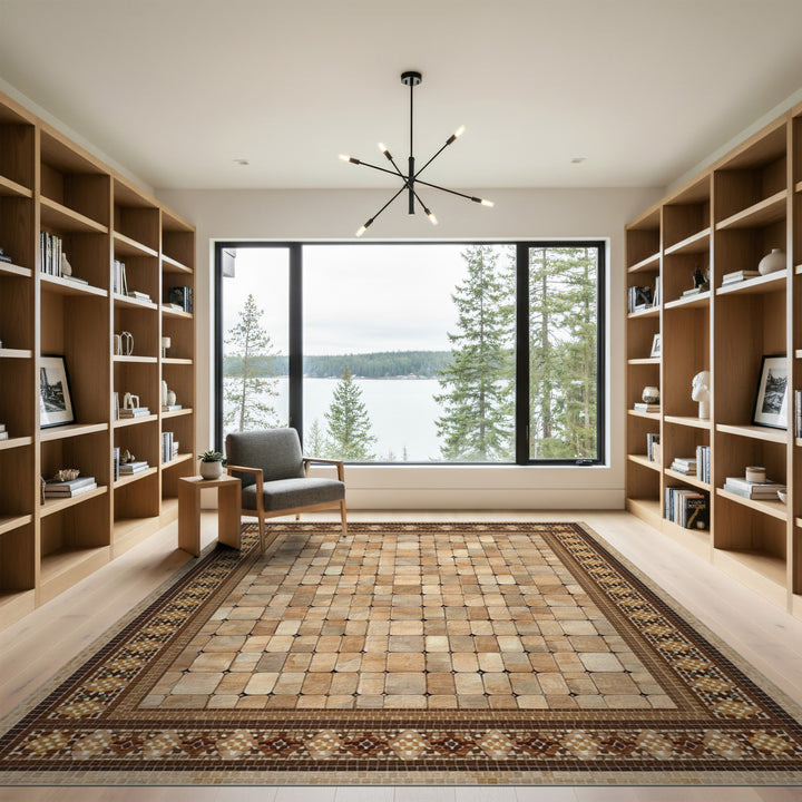 Brown Tan Mosaic Tile Area Rug