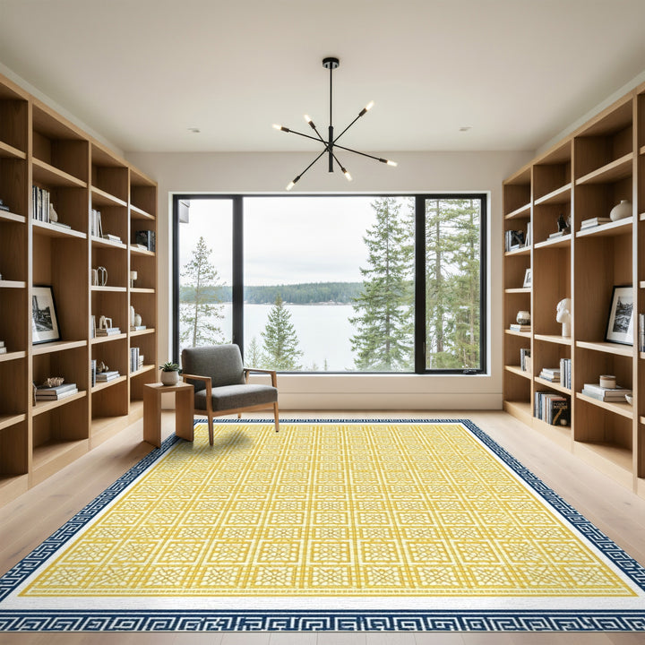 Yellow Geometric Area Rug with Blue Border