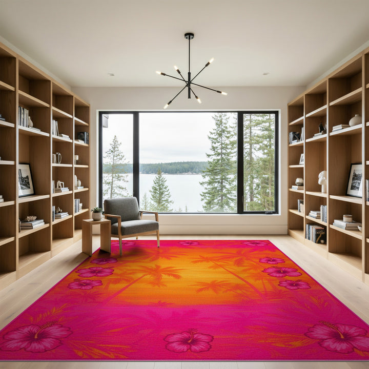 Pink Hibiscus Sunset Palm Area Rug