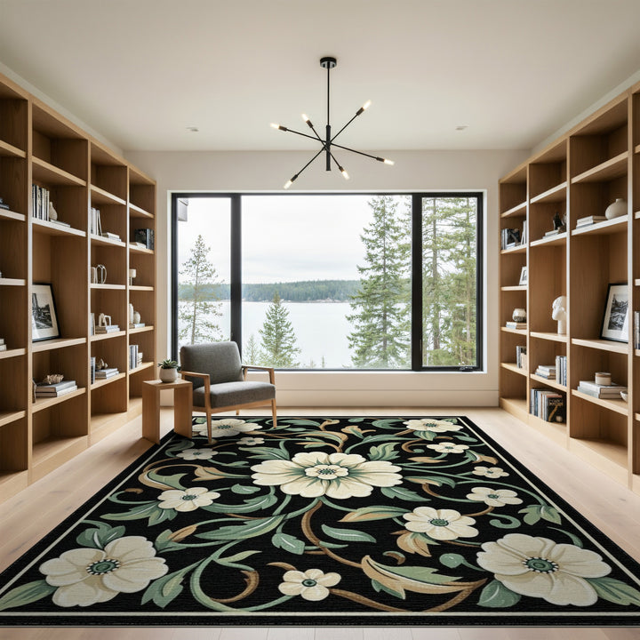 Black White Floral Vintage Area Rug