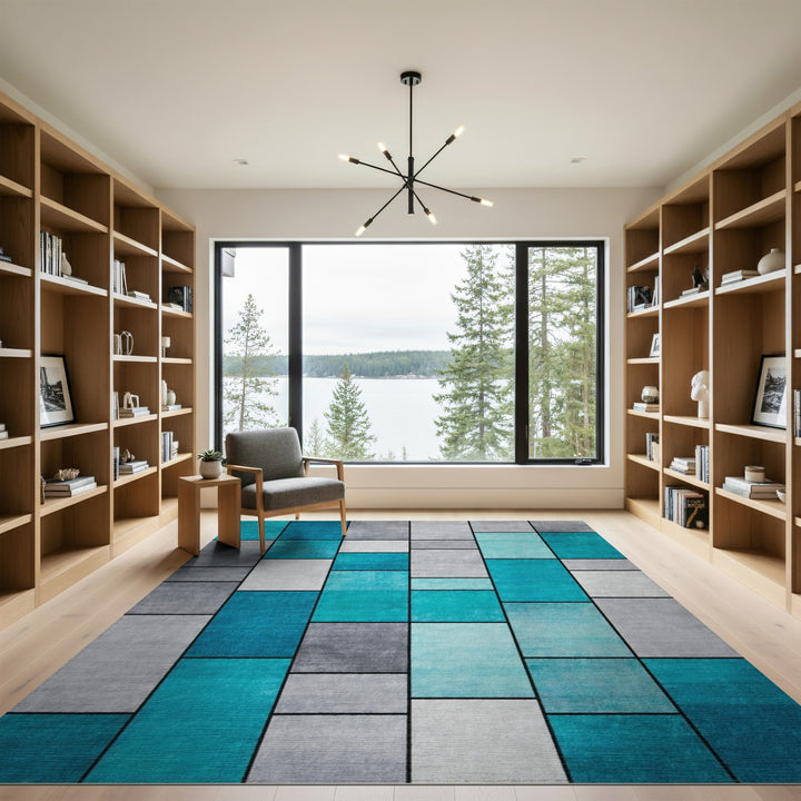 Geometric Teal Block Area Rug