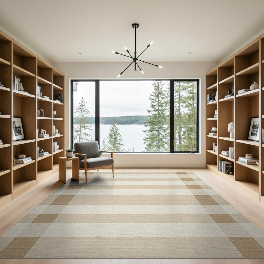 Beige and Neutral Beige Checkered Washable Area Rug